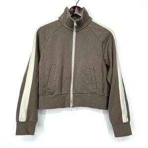 Everlane Dream Track Sweatshirt Gray W/Brown Hue Cream Arm Stripe Double Zipper